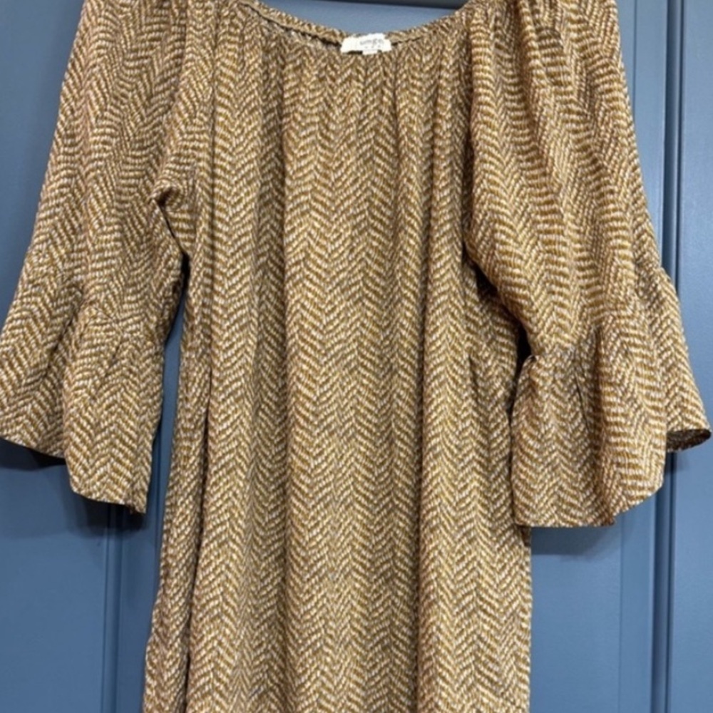 Umgee Boho Tunic Dress Brown Gold Print Ruffle Sleeve Beach Cover Up L